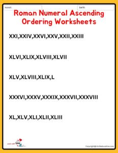 Roman Numeral Ascending Ordering Worksheet 1 TO 50