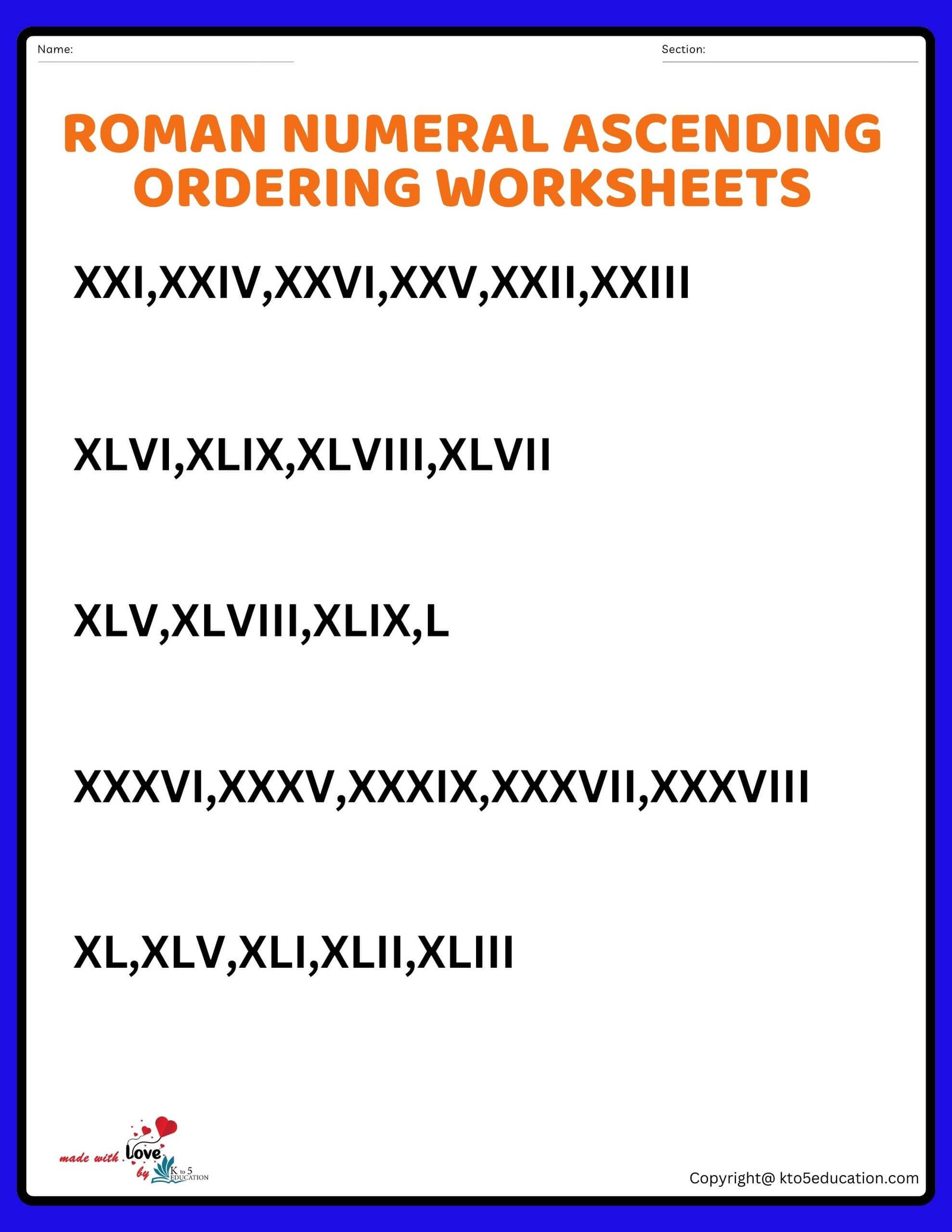 Roman Numeral Ascending Ordering Worksheet Grade 6 1 TO 50