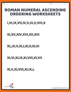 Roman Numeral Ascending Ordering Worksheets 1 TO 50