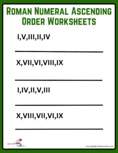 Roman Numeral Ascending Ordering Worksheets 1 to 10