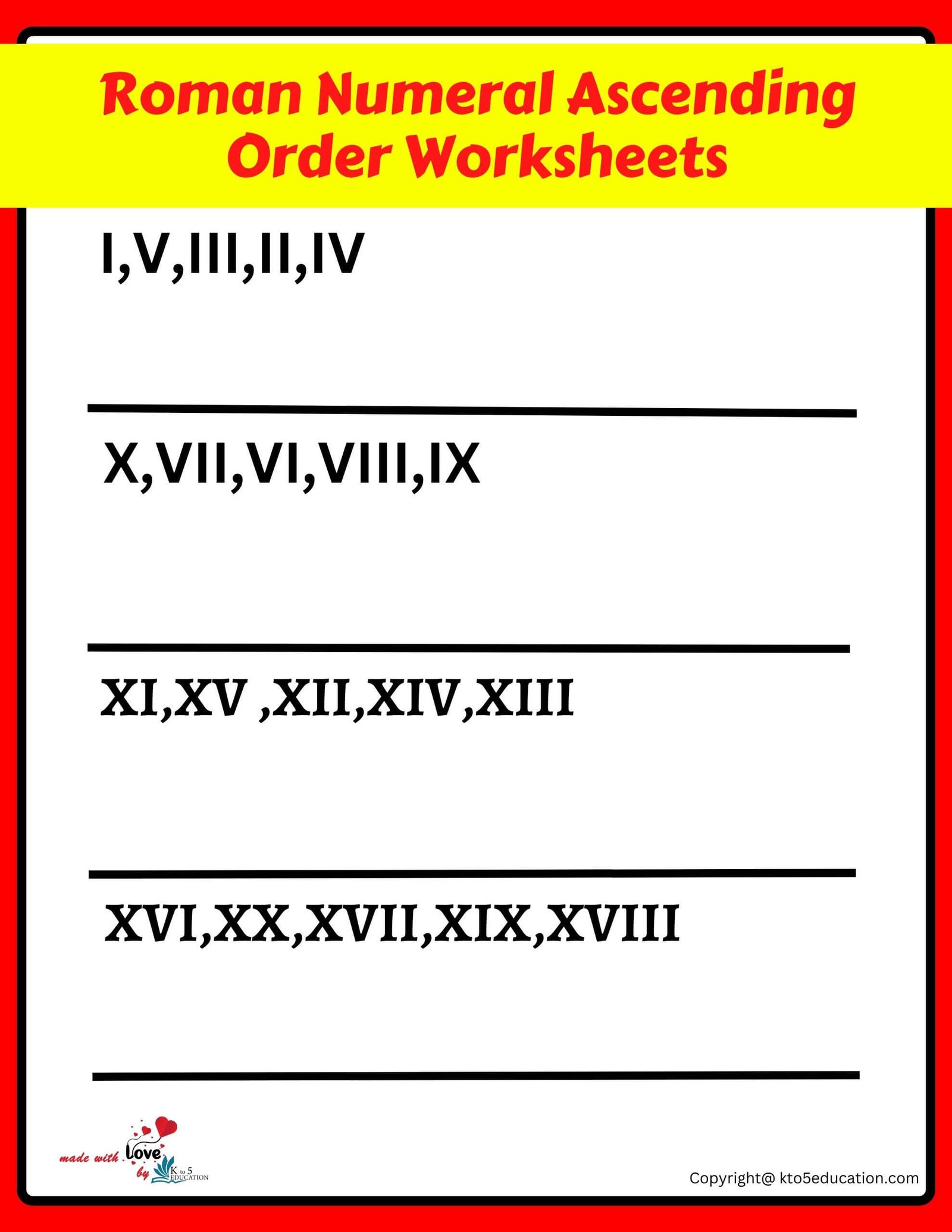 Roman Numeral Ascending Ordering Worksheets 1 to 20