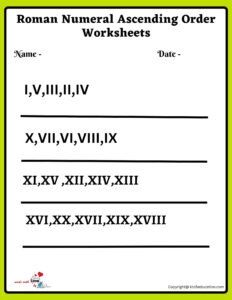 Roman Numeral Ascending Ordering Worksheets 3 1 to 20