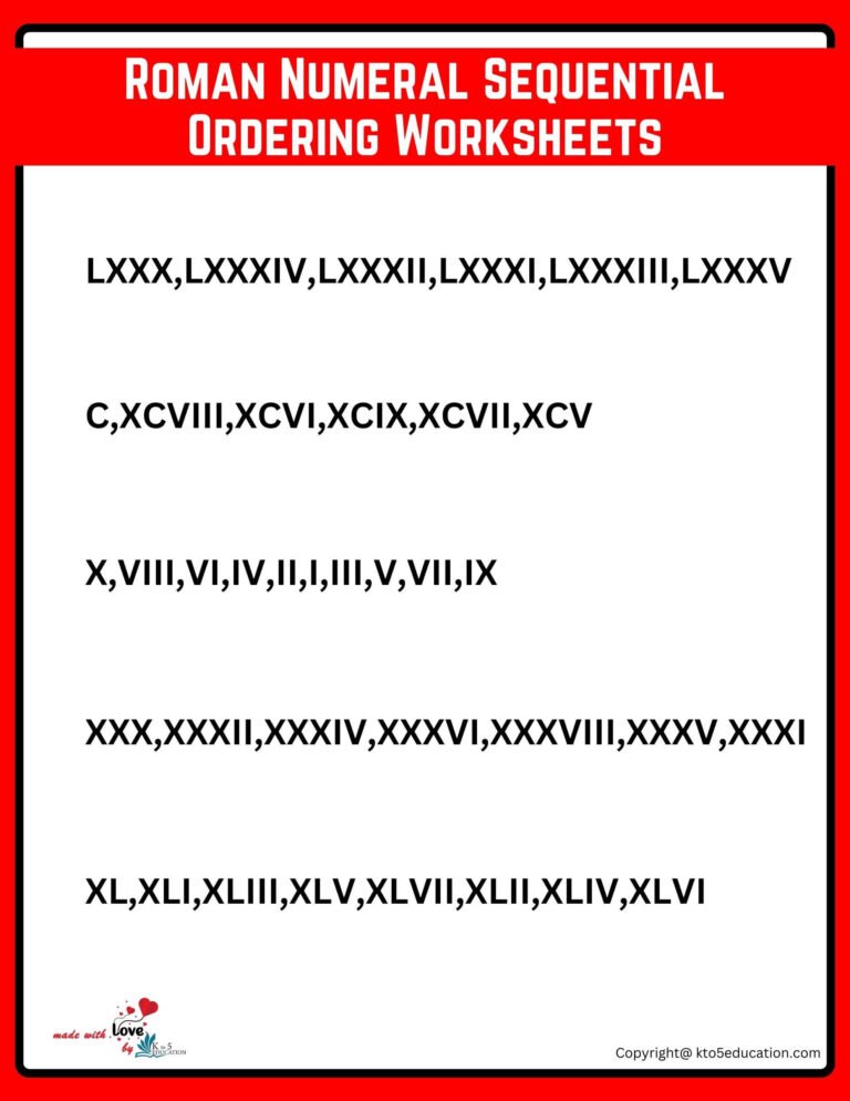 Roman Numeral Ascending Ordering Worksheets For Grade 3 1 TO 100 | FREE Download