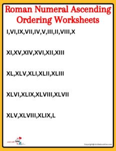 Roman Numeral Ascending Ordering Worksheets For Grade 3 1 TO 50