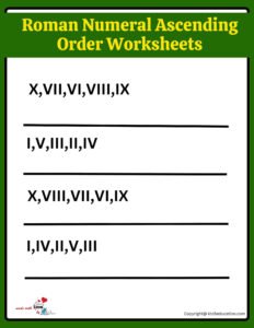 Roman Numeral Ascending Ordering Worksheets For Grade 3 1 to 10