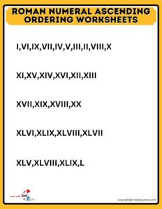 Roman Numeral Ascending Ordering Worksheets Grade 5 1 TO 50