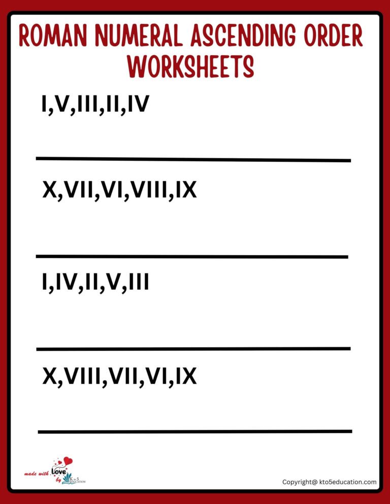 Roman Numeral Ascending Ordering Worksheets Grade 5 1 to 10 | FREE Download