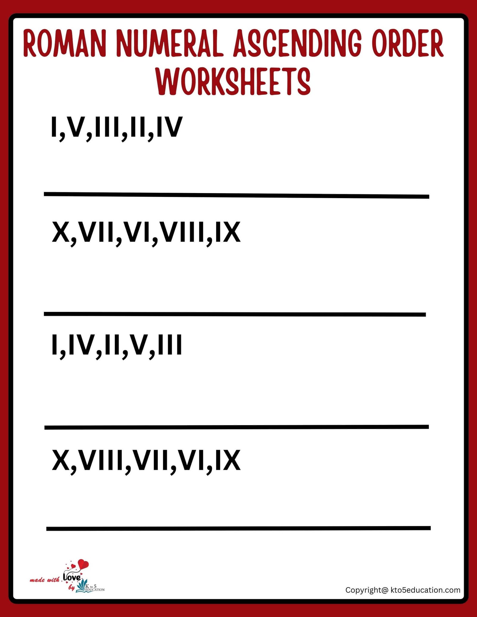 Roman Numeral Ascending Ordering Worksheets Grade 5 1 to 10
