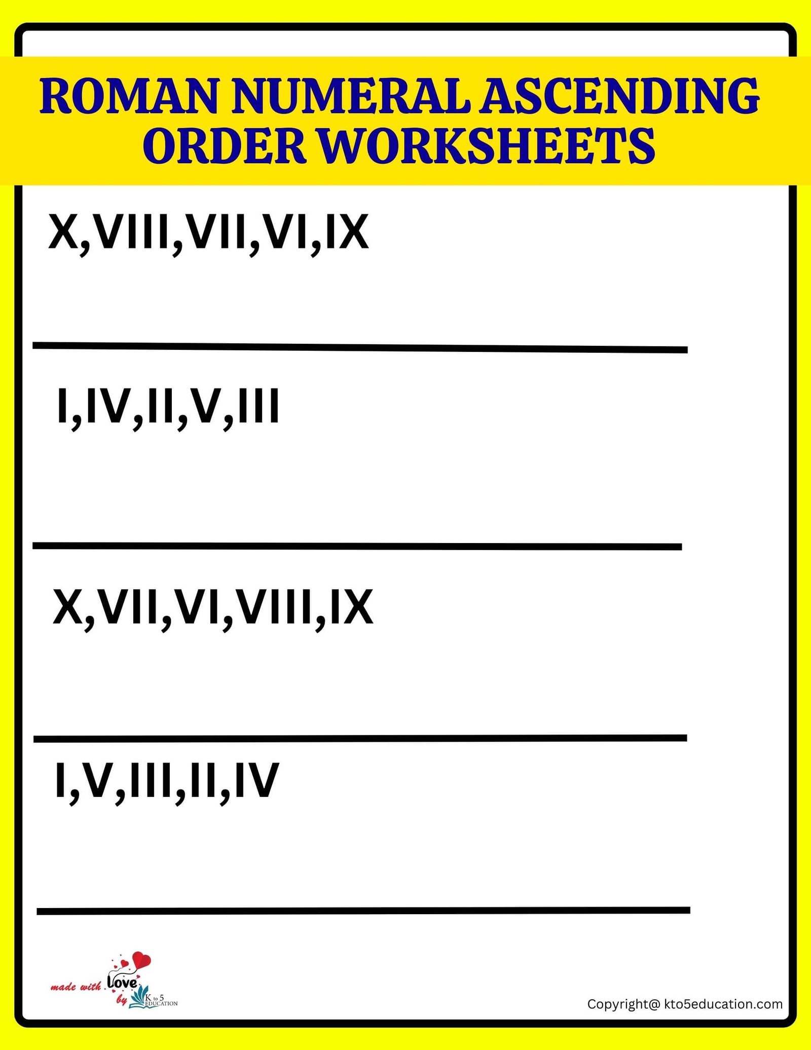 Roman Numeral Ascending Ordering Worksheets Grade 6 1 to 10