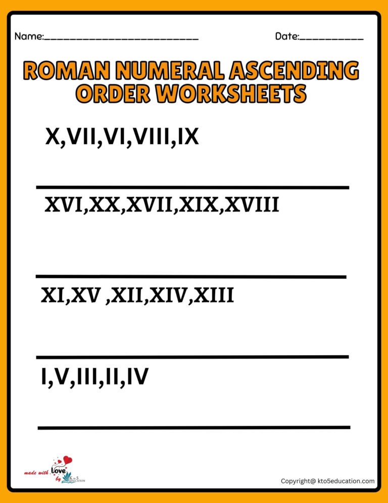 Roman Numeral Ascending Ordering Worksheets Grade 6 1 to 20 | FREE Download