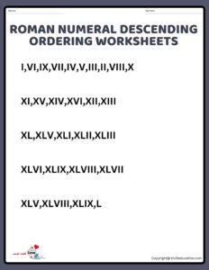Roman Numeral Descending Ordering Clock Worksheet