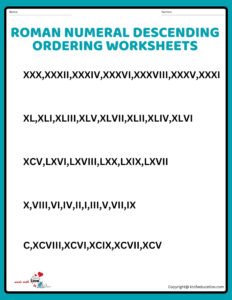 Roman Numeral Descending Ordering Worksheets For Grade 3 1 to 100