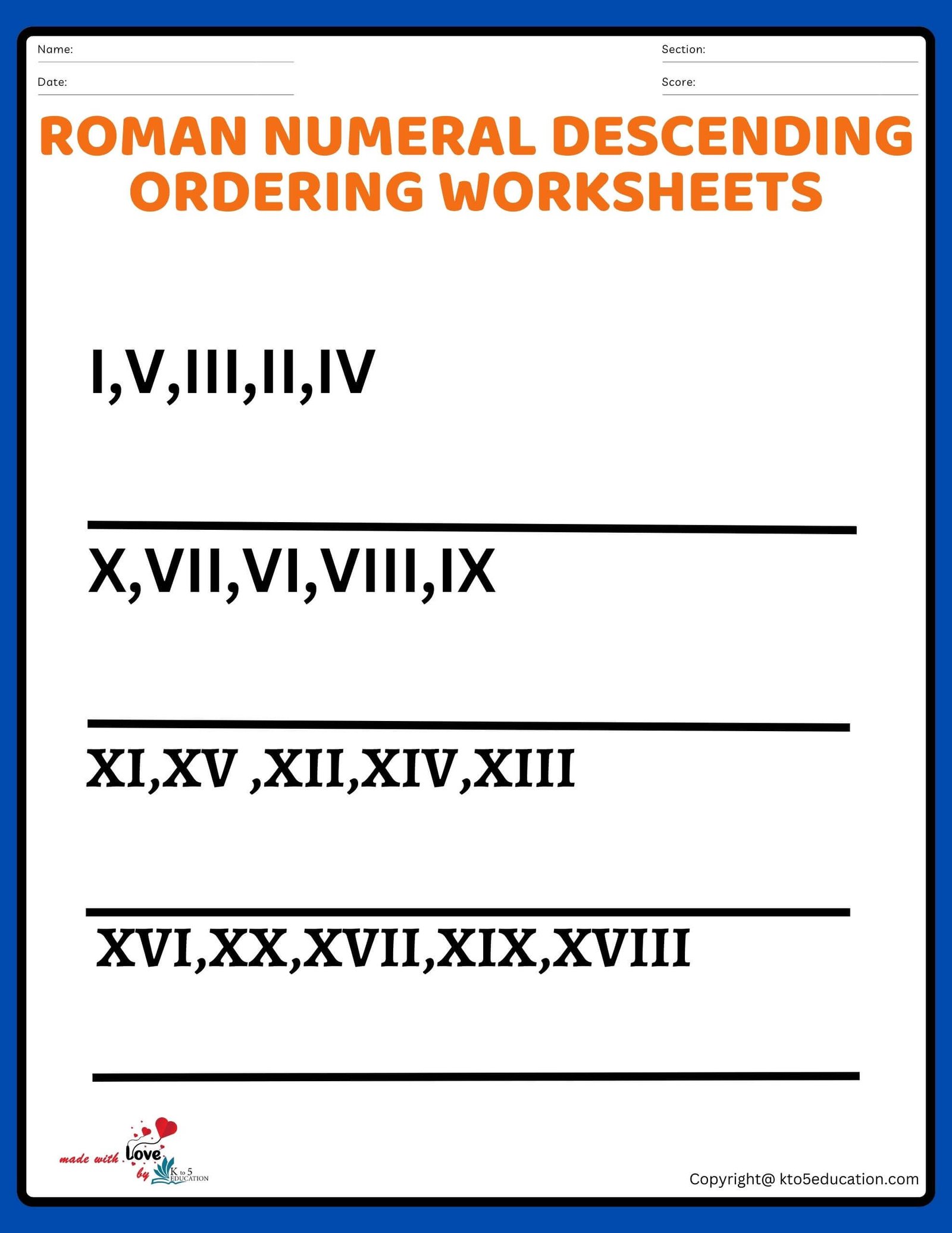 Roman Numeral Descending Ordering Worksheets For Grade 3