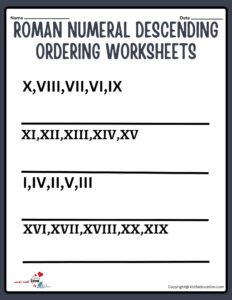 Roman Numeral Descending Ordering Worksheets Grade 5 V3