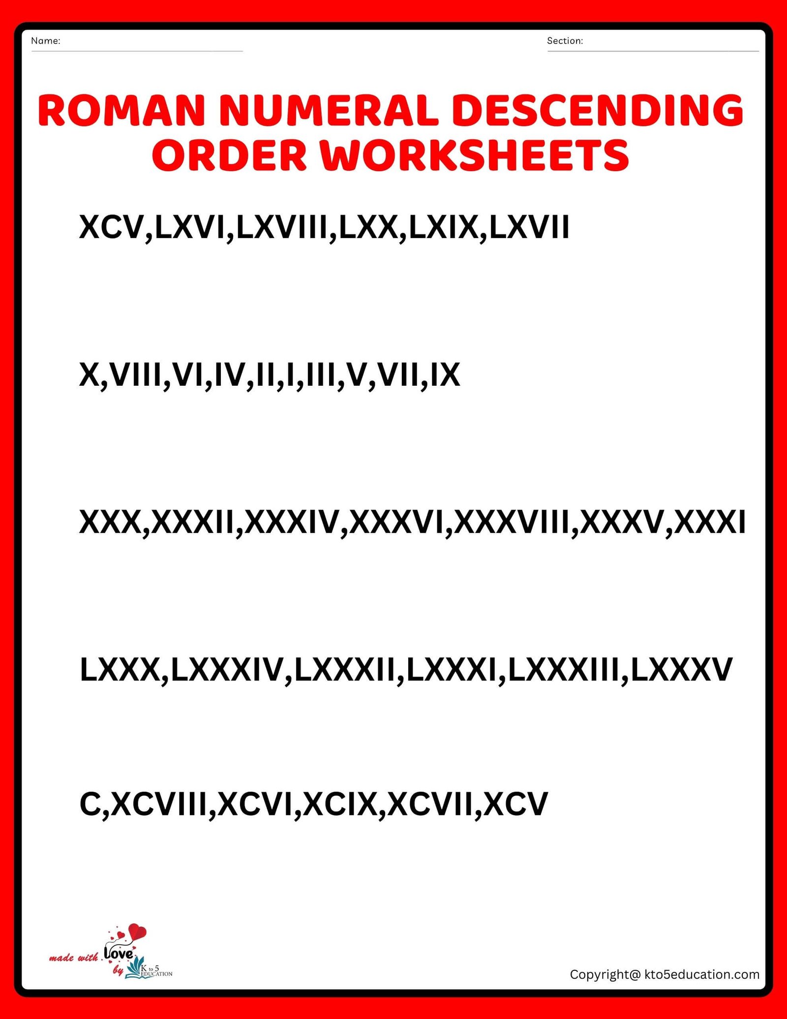 Roman Numeral Descending Ordering Worksheets Grade 5 1 to 100