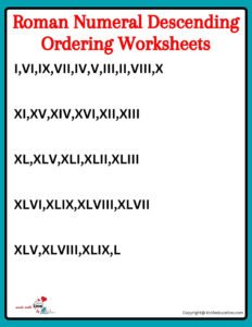 Roman Numeral Descending Ordering Worksheets Grade 5