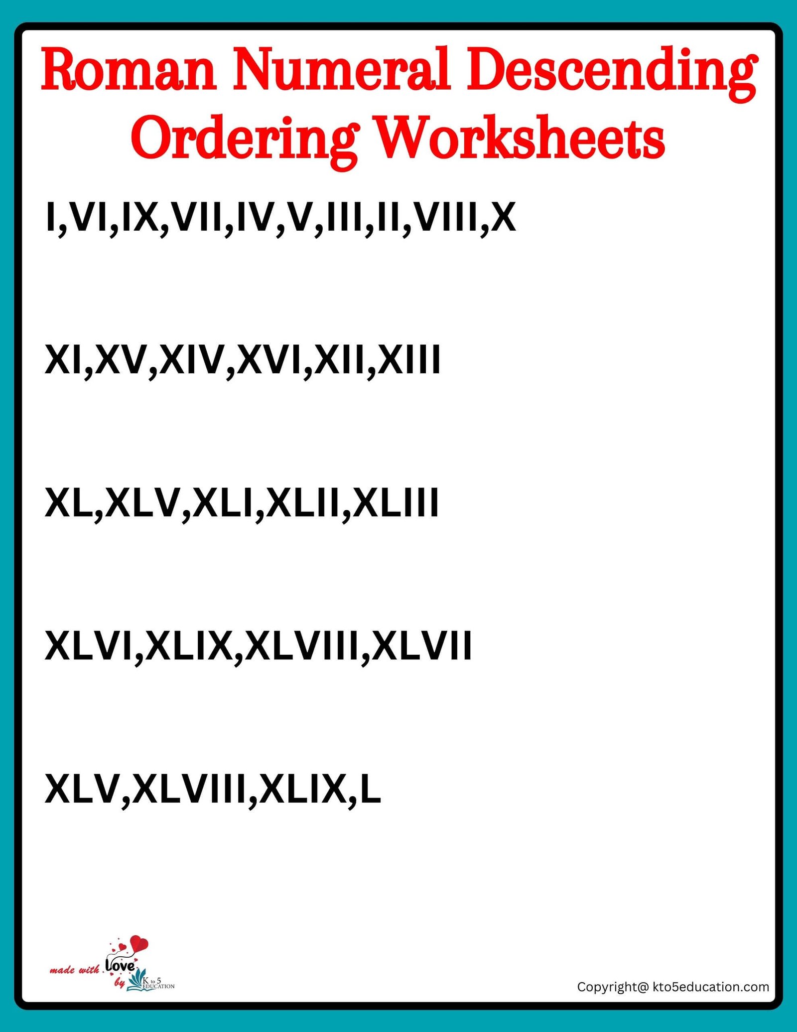Roman Numeral Descending Ordering Worksheets Grade 5