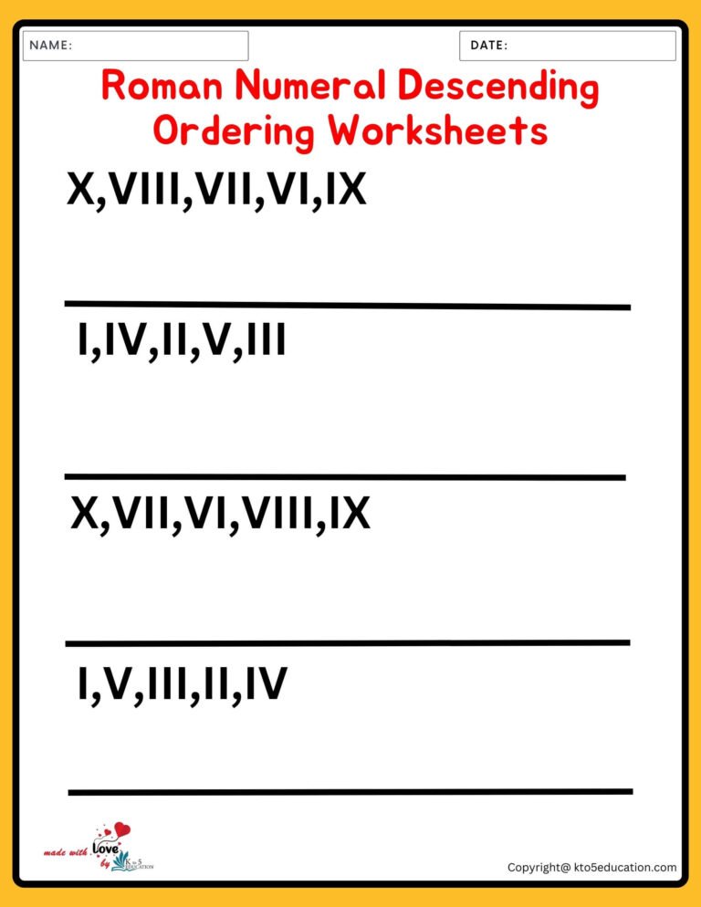 Roman Numeral Descending Ordering Worksheets Grade 6 V3 | FREE Download