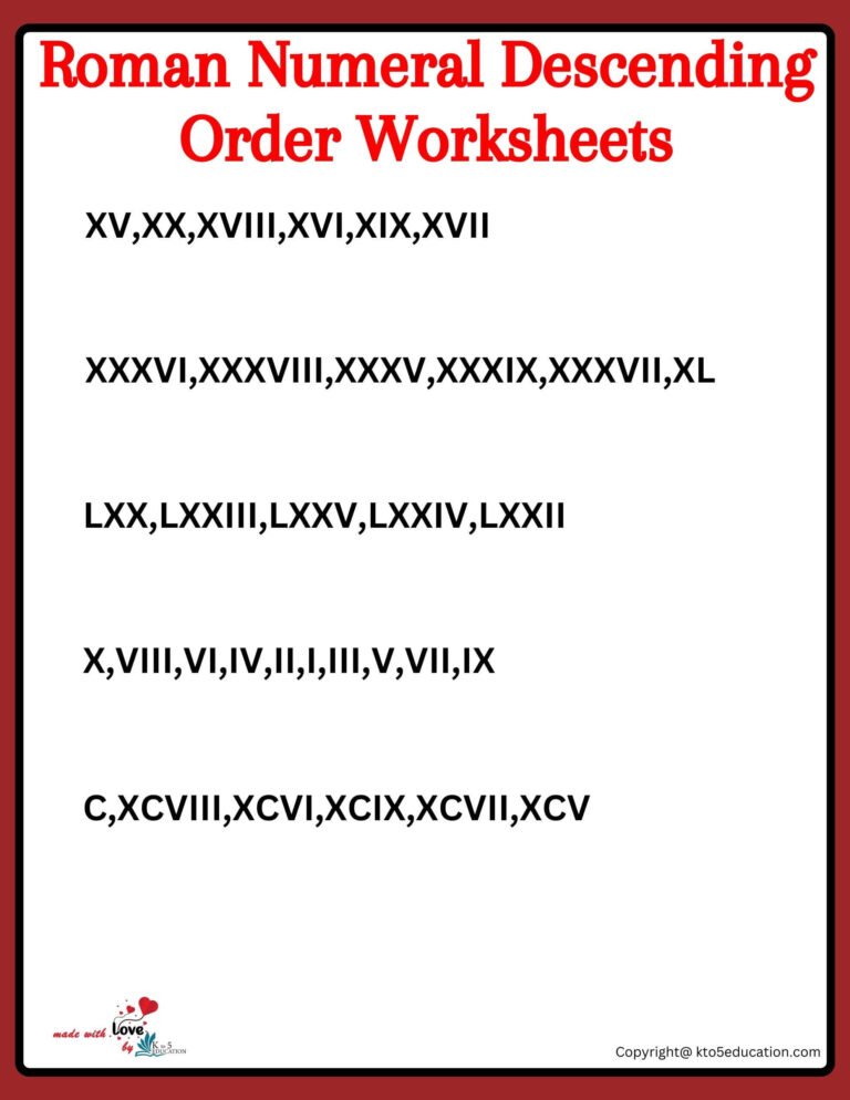 Roman Numeral Descending Ordering Worksheets Grade 6 1 to 100 (2) | FREE Download