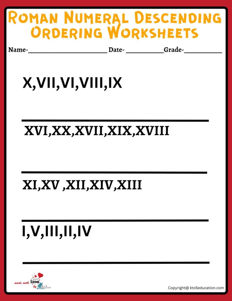 Roman Numeral Descending Ordering Worksheets Grade 6 V4 | FREE Download