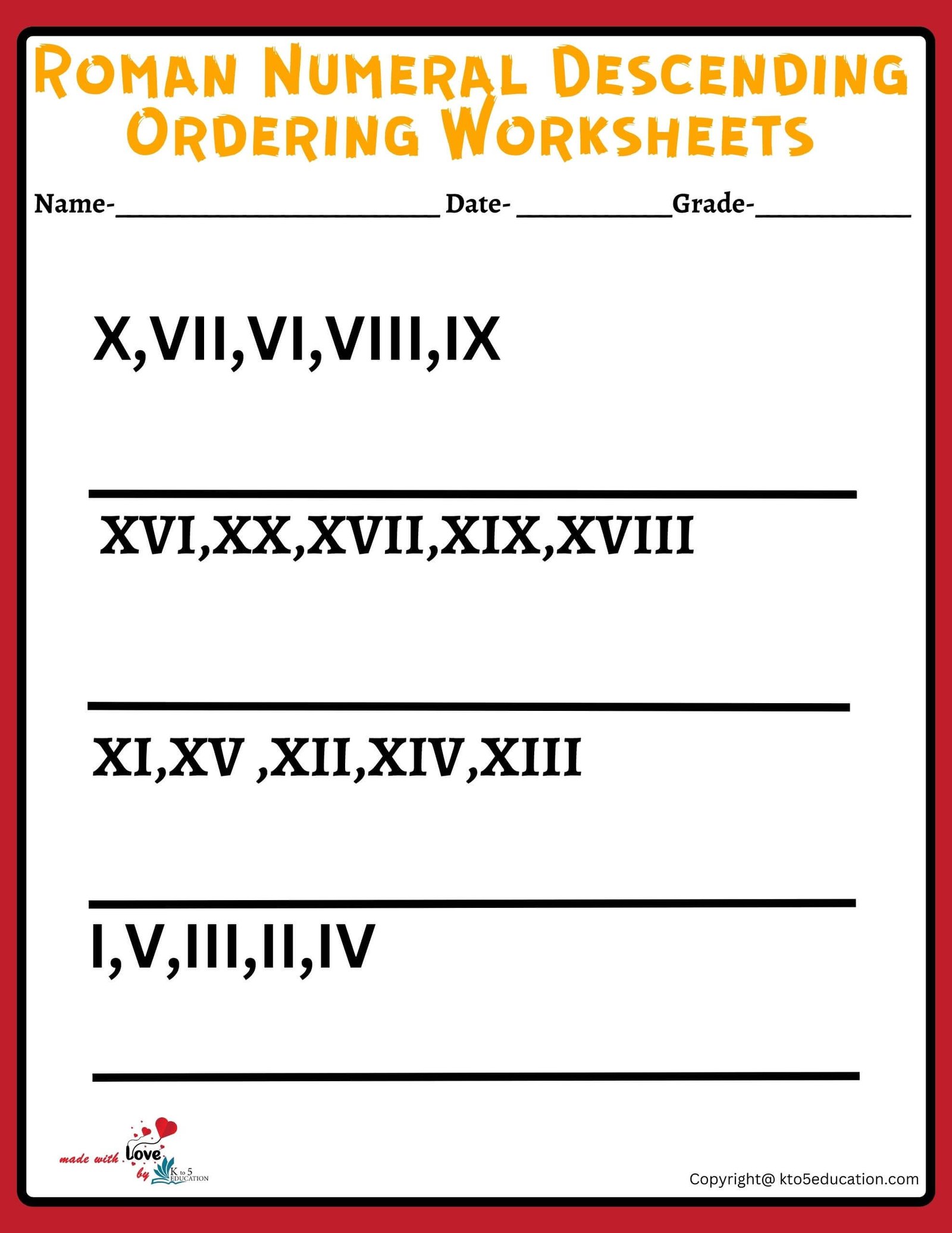 Roman Numeral Descending Ordering Worksheets Grade 6 (2)