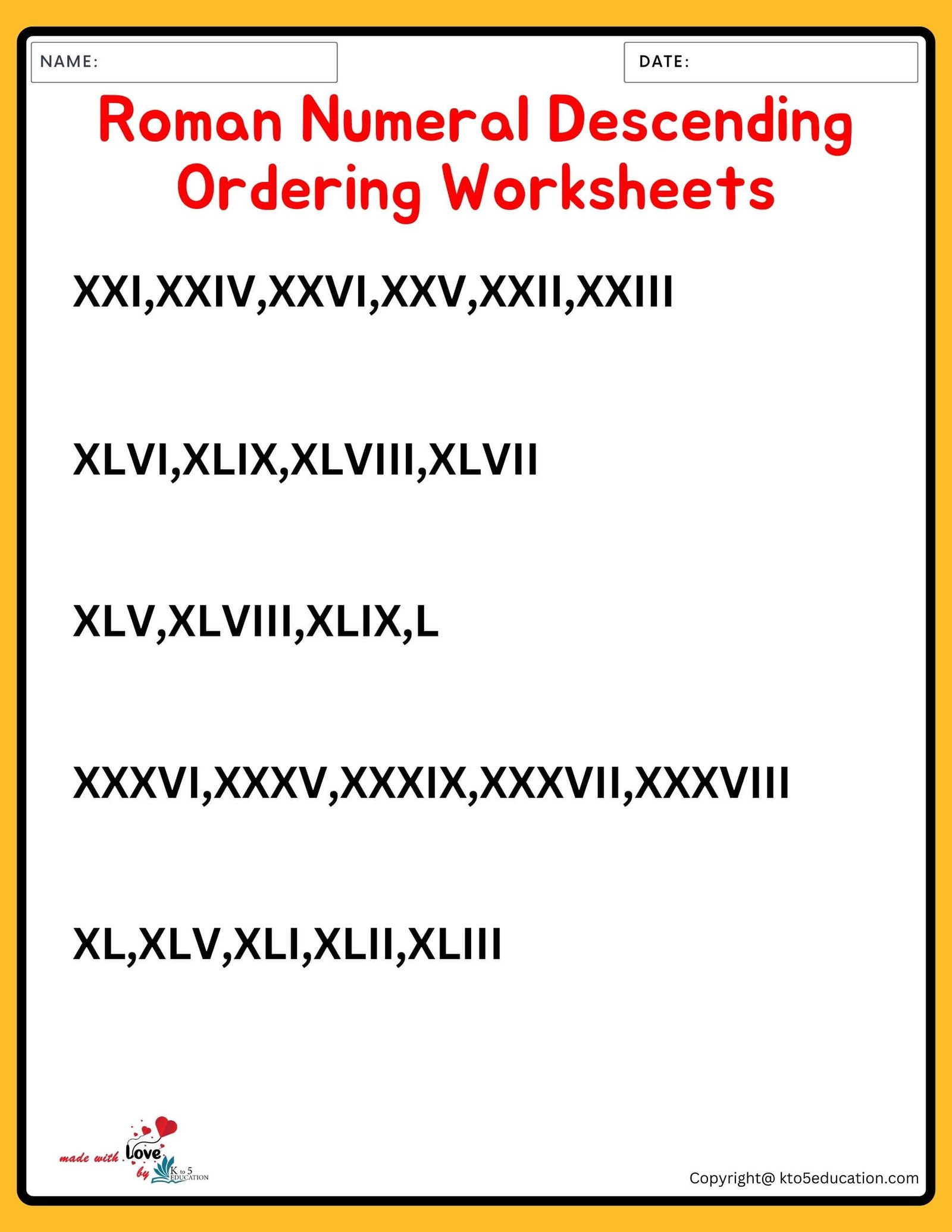 Roman Numeral Descending Ordering Worksheets