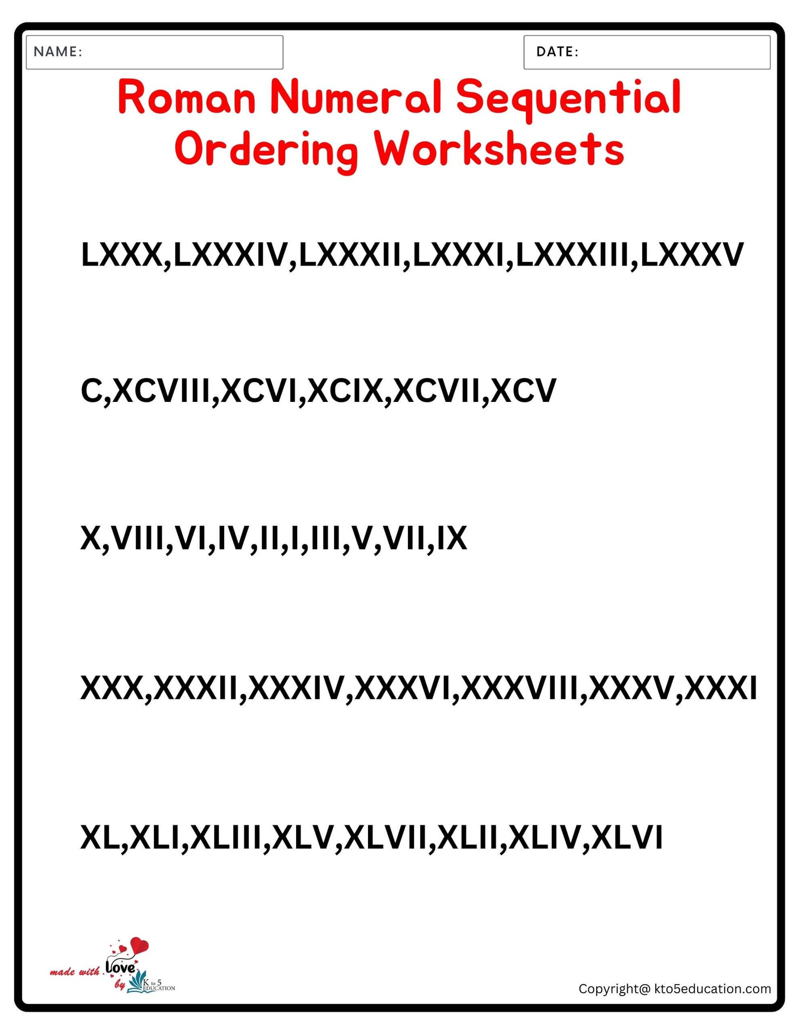 Roman Numeral Number Ascending Ordering Worksheets Clock Worksheet 1 TO 100