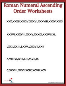 Roman Numeral Number Ascending Ordering Worksheets Grade 5 1 TO 100