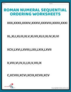 Roman Numeral Number Ascending Ordering Worksheets Grade 6 1 TO 100