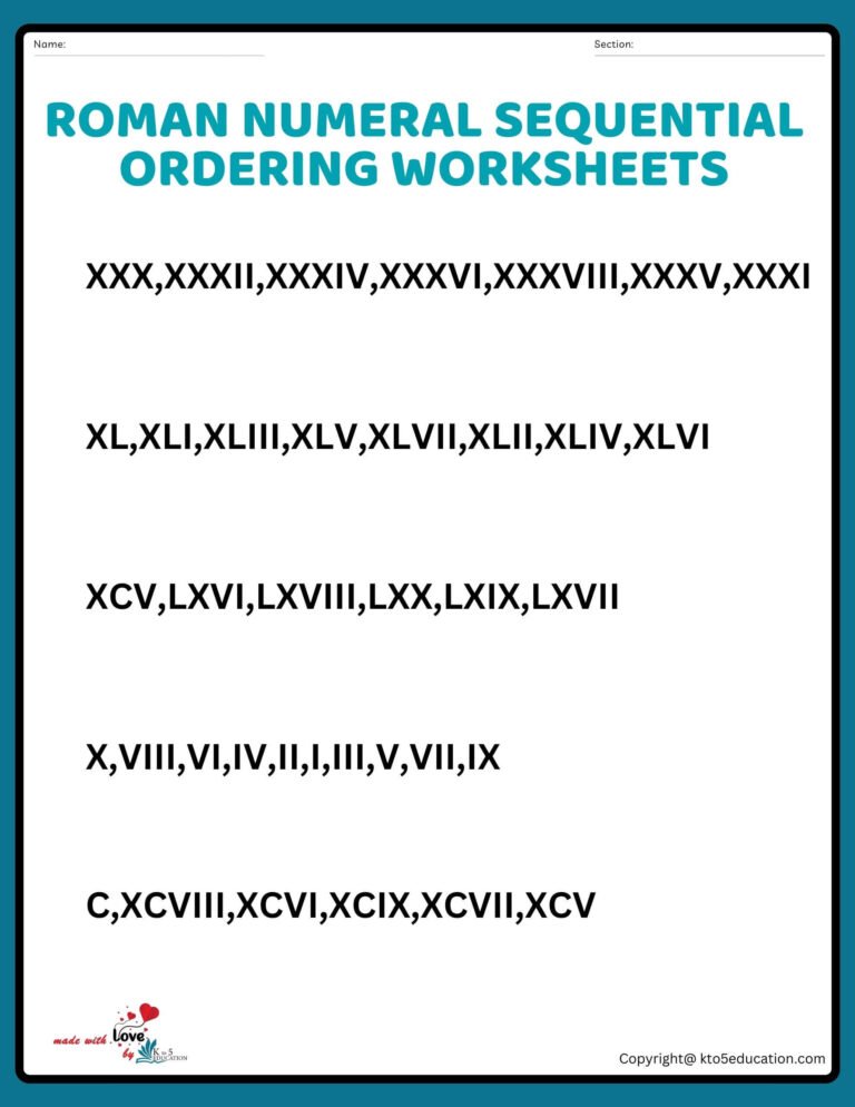 Roman Numeral Number Ascending Ordering Worksheets Grade 6 1 TO 100 | FREE Download