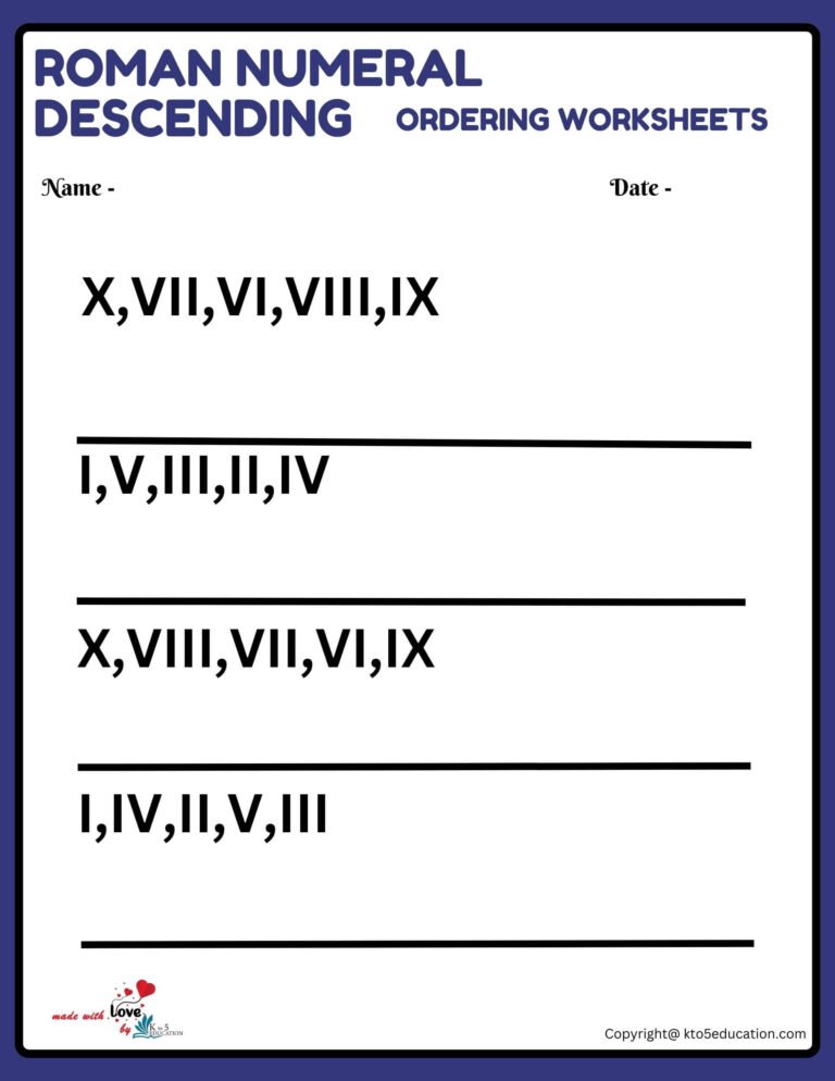 Roman Numeral Number Descending Ordering Worksheets For Grade 3 V2 | FREE Download