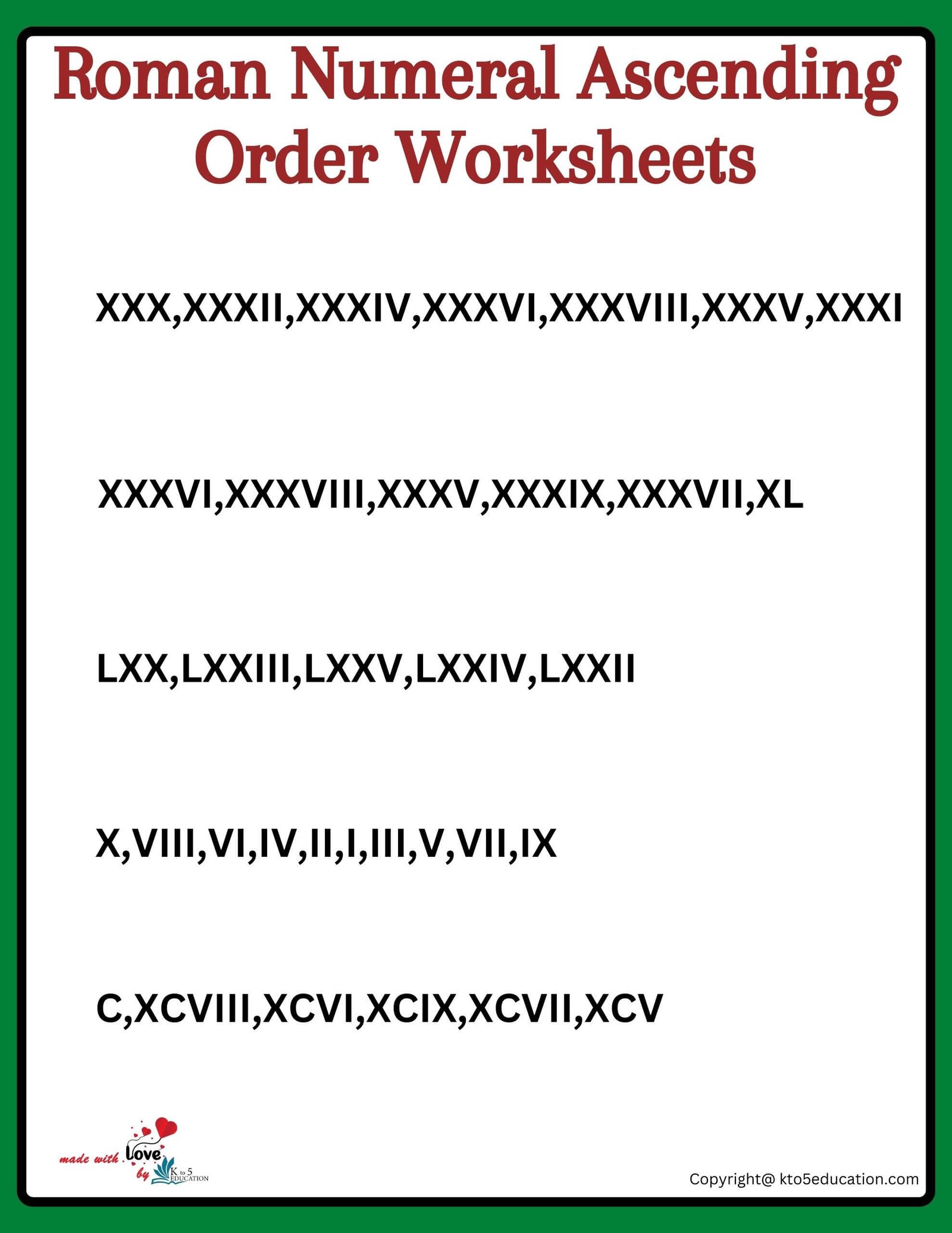 Roman Numeral Number Descending Ordering Worksheets For Grade 3 1 to 100