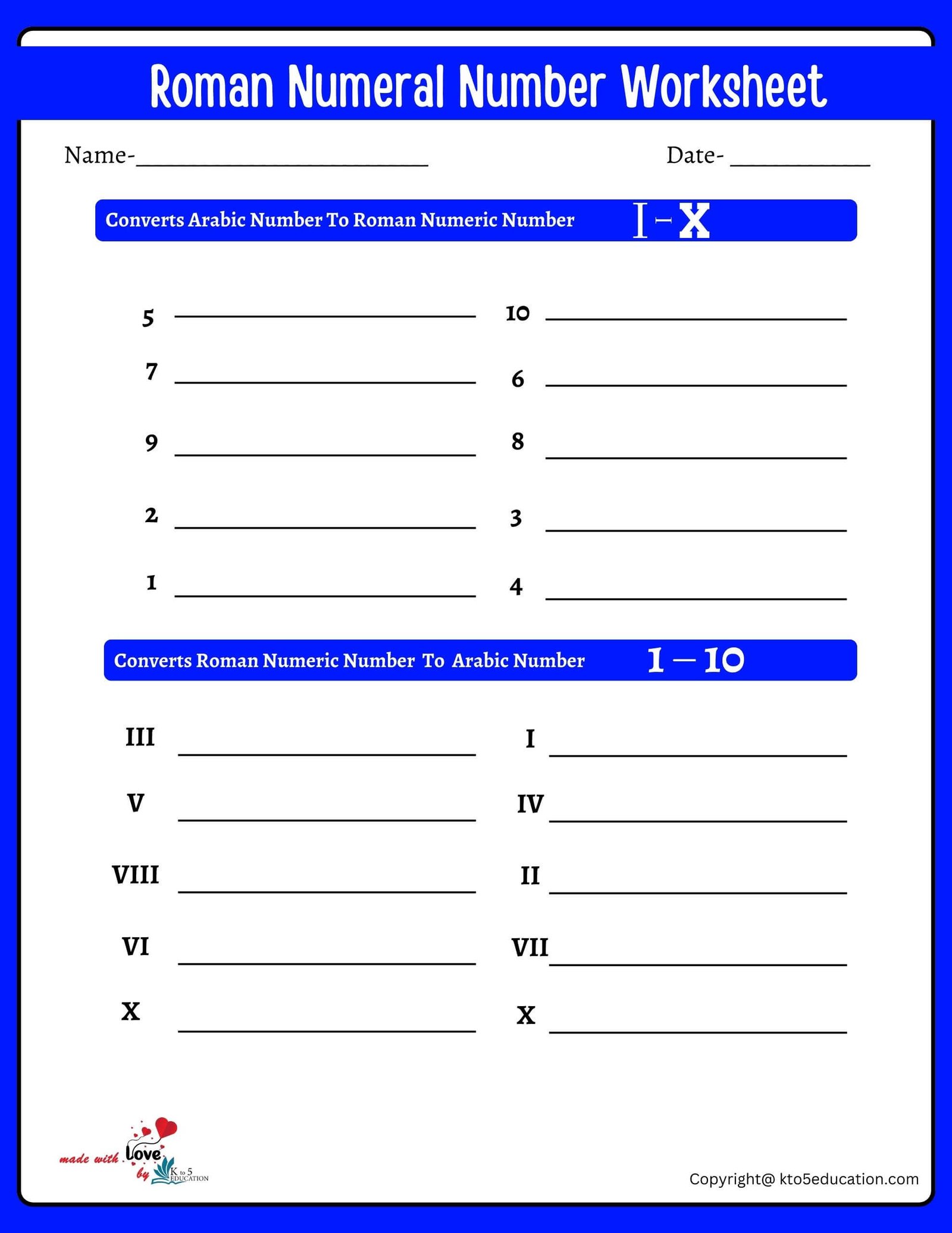 Roman Numeral Number Practice Worksheet