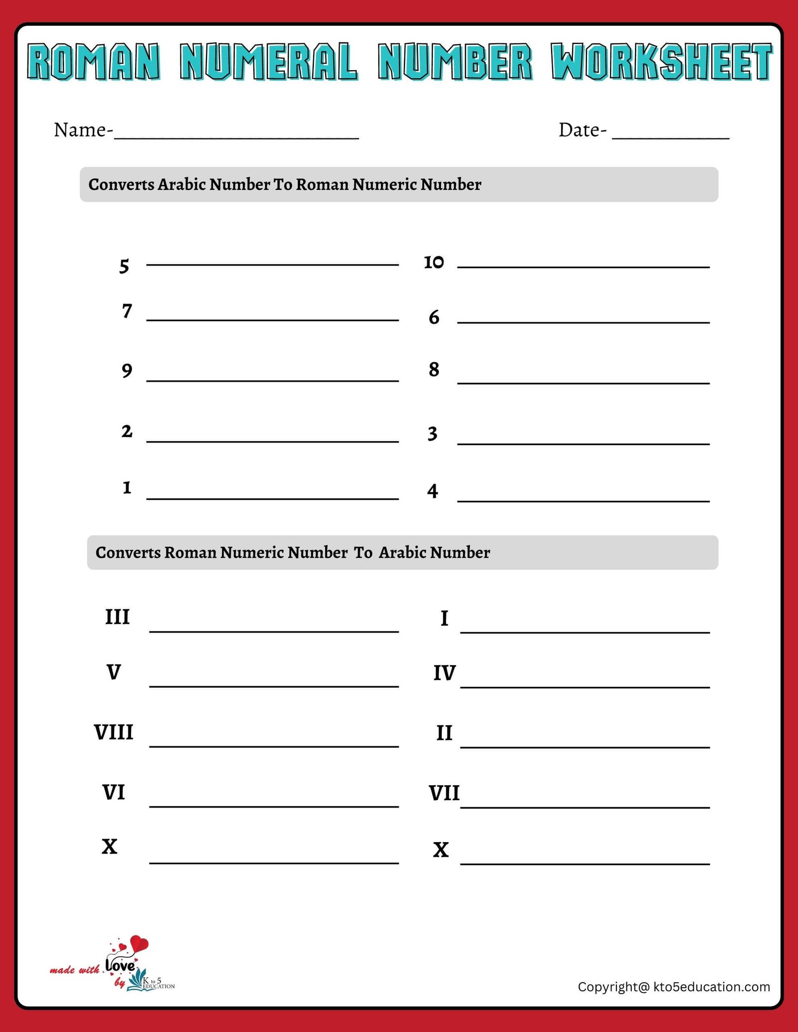 Roman Numeral Numbers Practice Worksheet