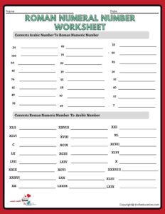 Roman Numeral Practice Worksheet 1 to 100