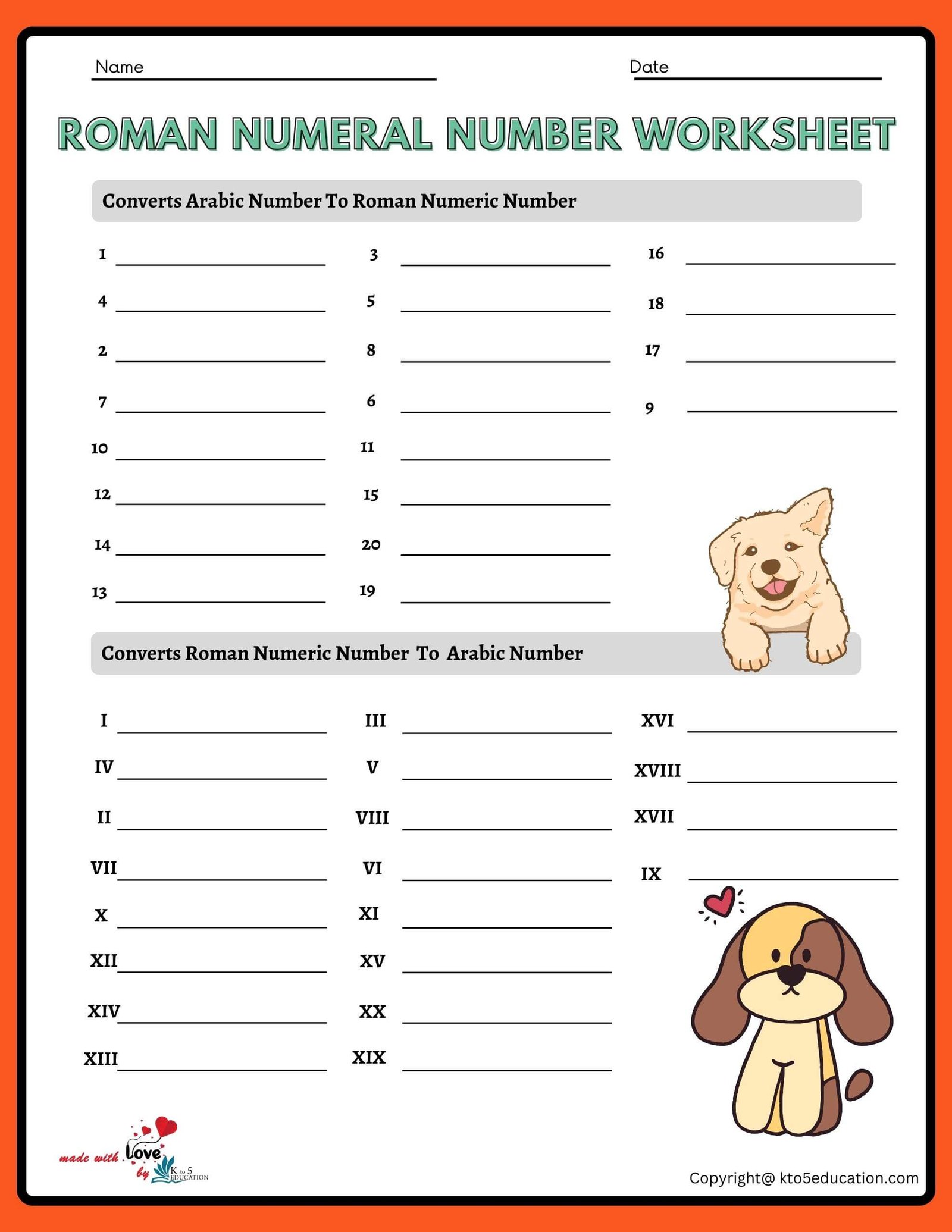 Roman Numeral Practice Worksheet 1 to 20
