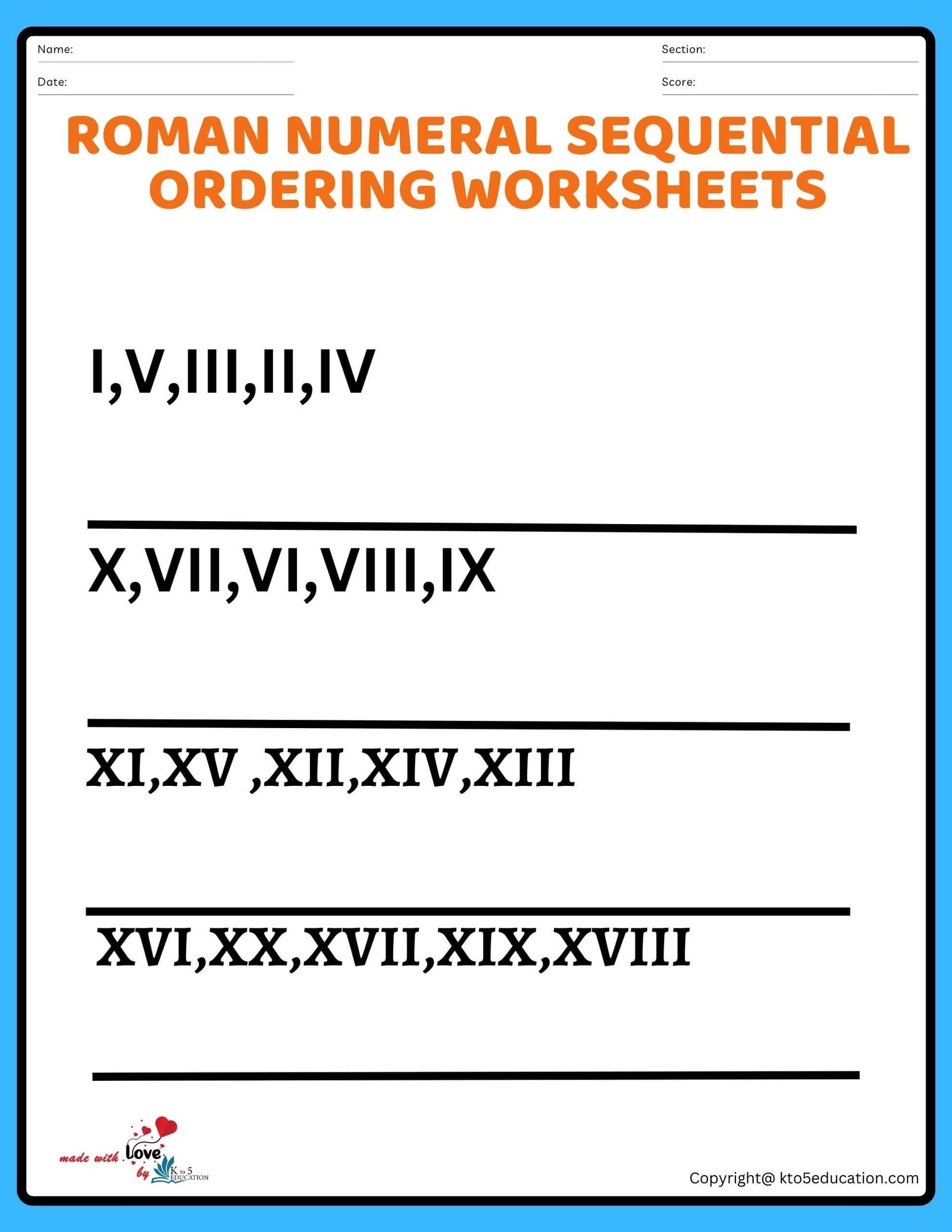 Roman Numeral Sequential Ordering Worksheets Roman Numeral Clock Worksheet