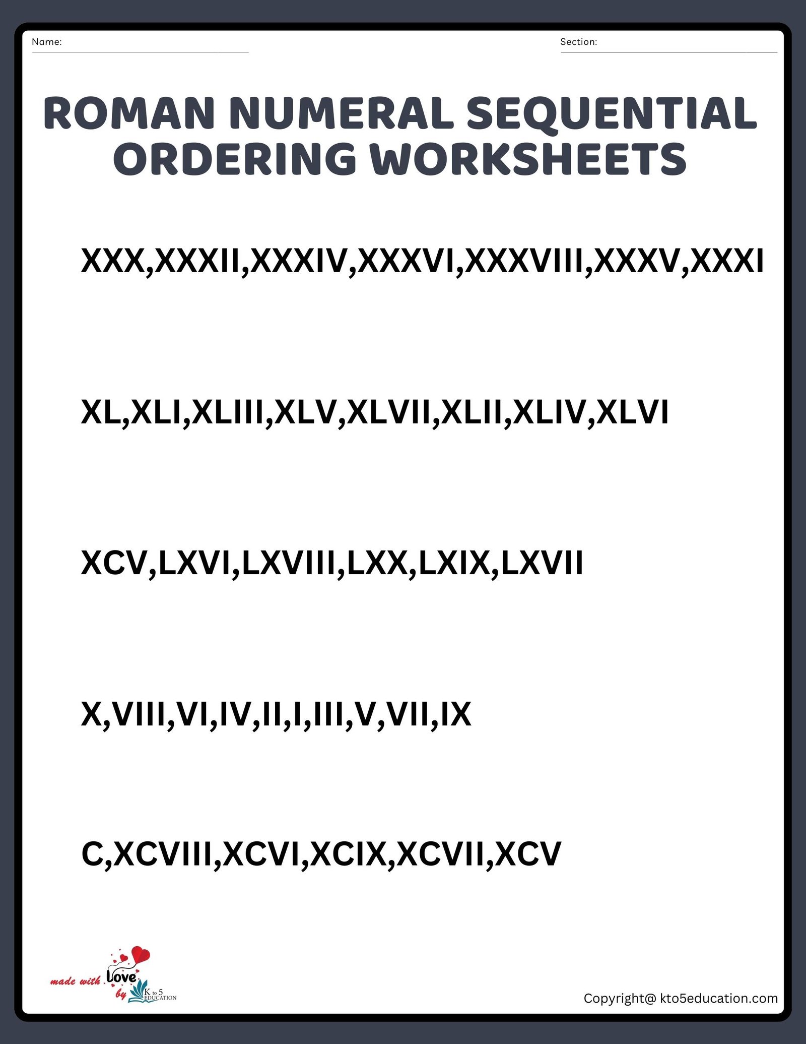 Roman Numeral Sequential Ordering Worksheets Roman Numeral Worksheet 1 TO 100