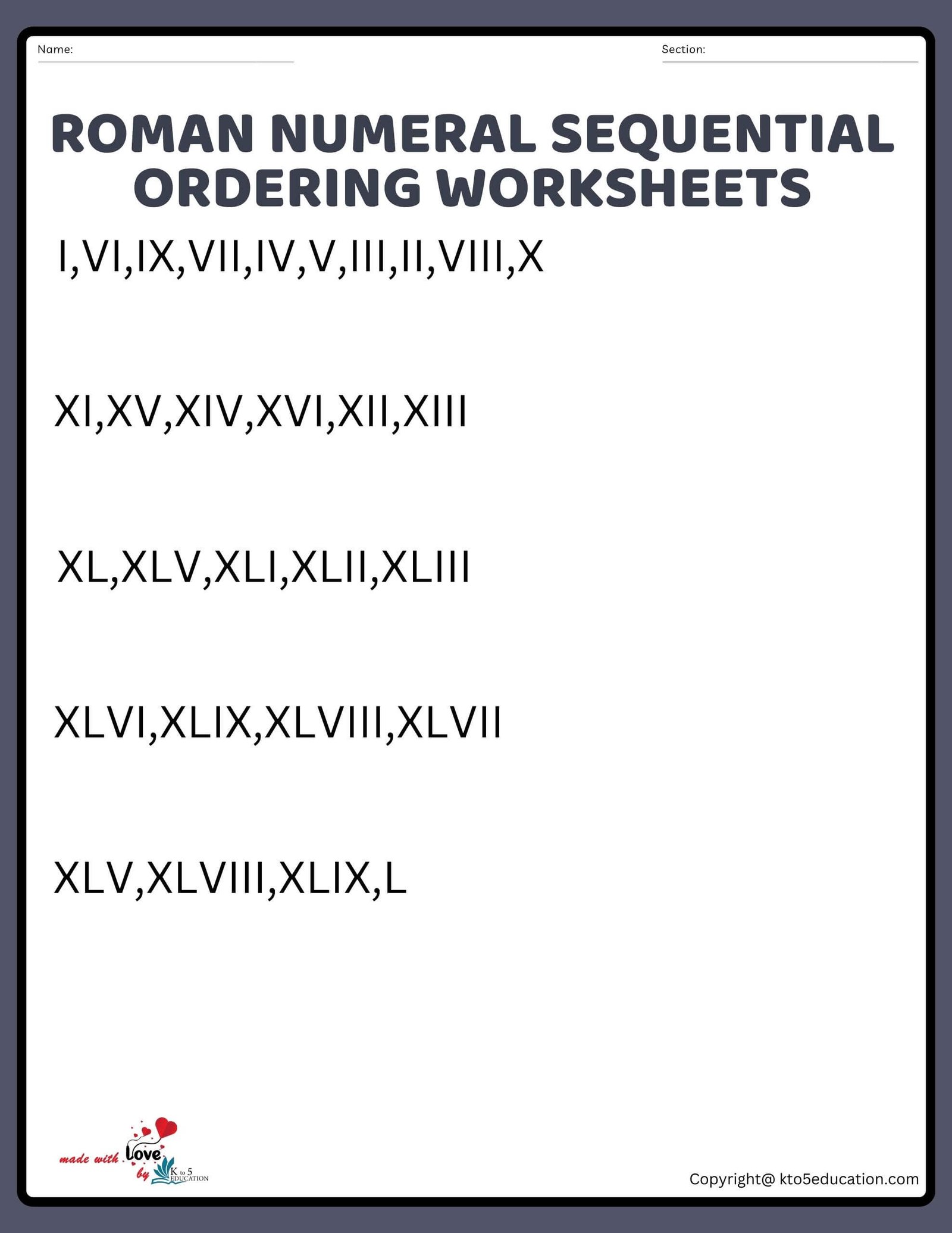 Roman Numeral Sequential Ordering Worksheets Roman Numeral Worksheet 1 TO 50