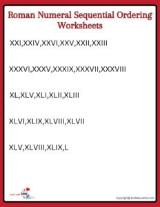 Roman Numeral Sequential Ordering Worksheets Roman Numeral Worksheets Grade 5 1 TO 50 (2)