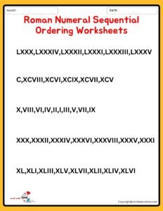 Roman Numeral Sequential Ordering Worksheets Roman Numerals Addition And Subtraction Worksheets 1 TO 100