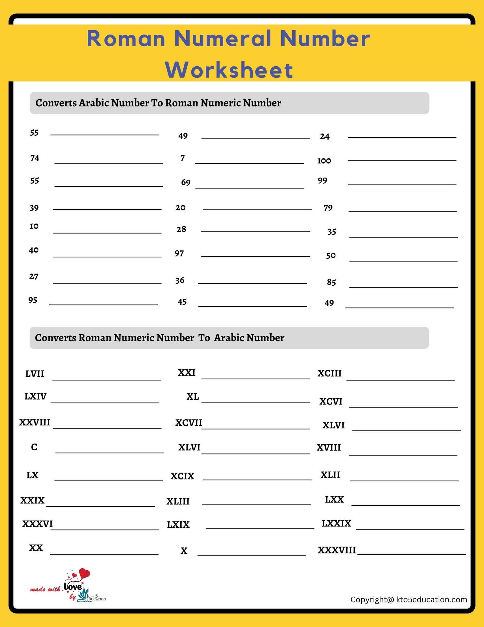 Roman Numeral Worksheet 1 to 100