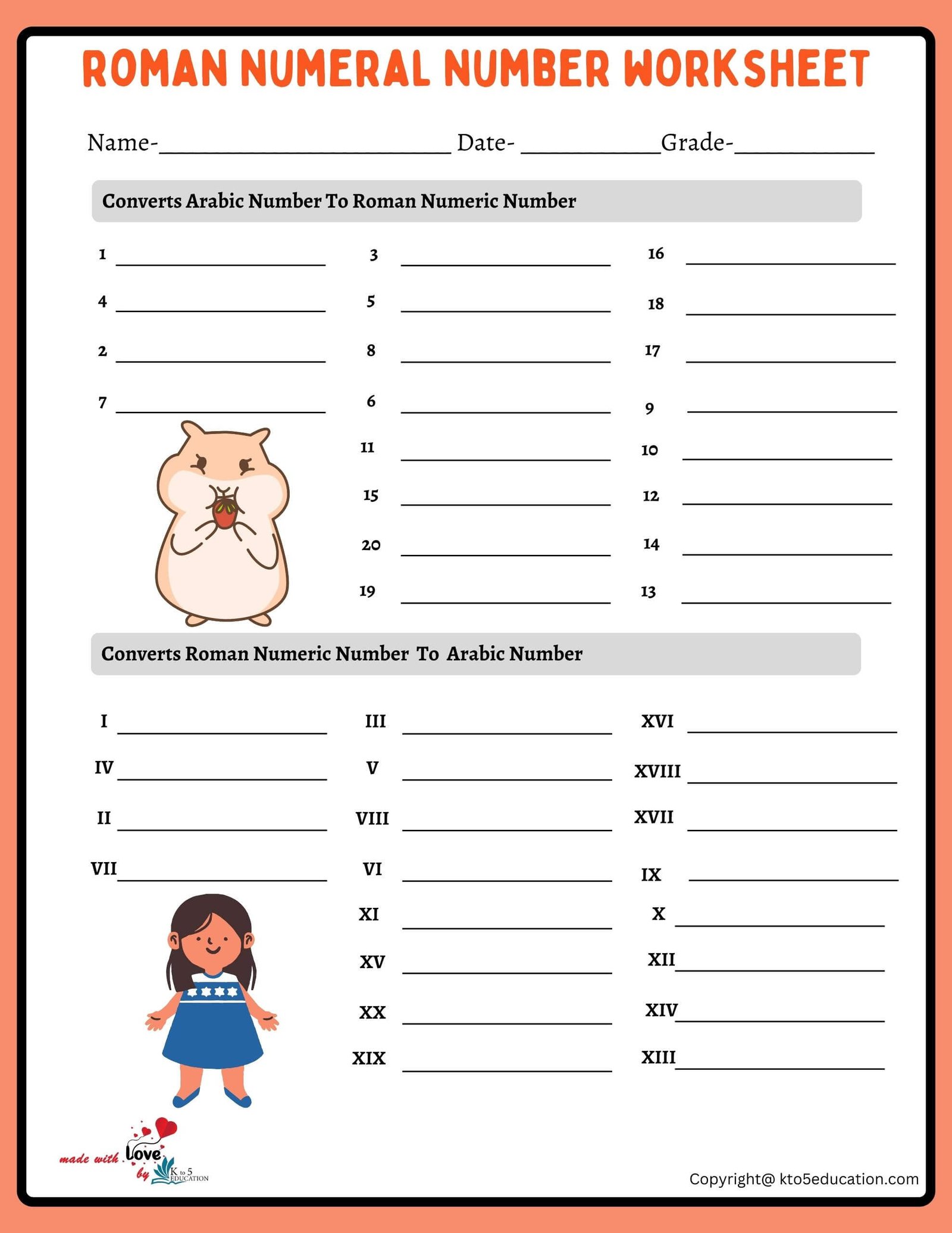 Roman Numeral Worksheet 1 to 20