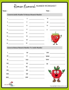 Roman Numeral Worksheets For Grade 3 1 to 20