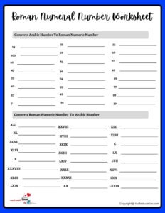 Roman Numeral Worksheets For Grade 3 1 to 50