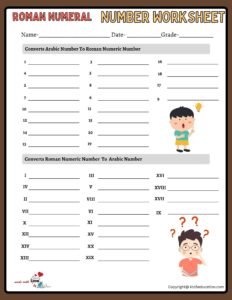 Roman Numeral Worksheets Grade 5 1 to 20