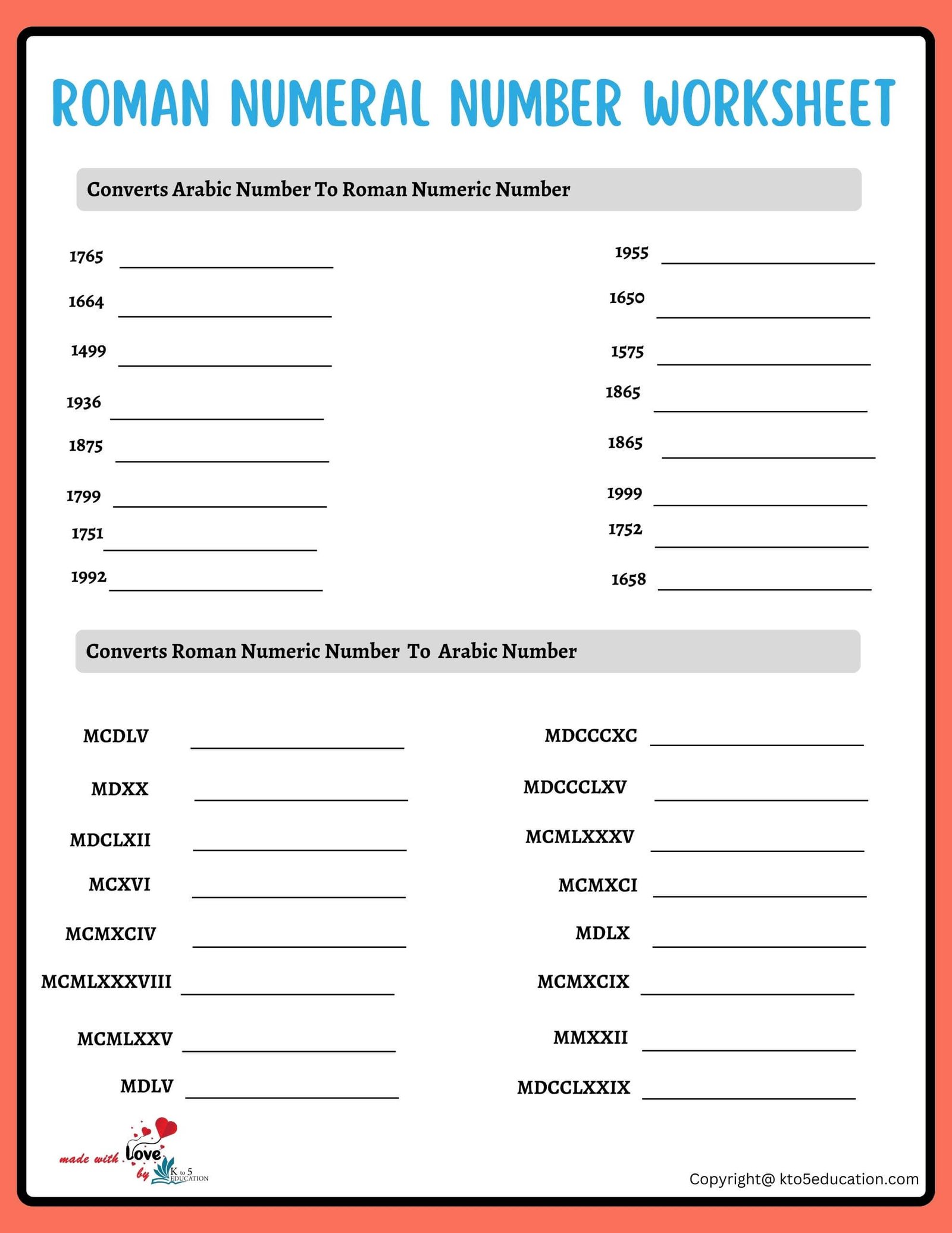 Roman Numeral Year Practice Worksheets Grade 6