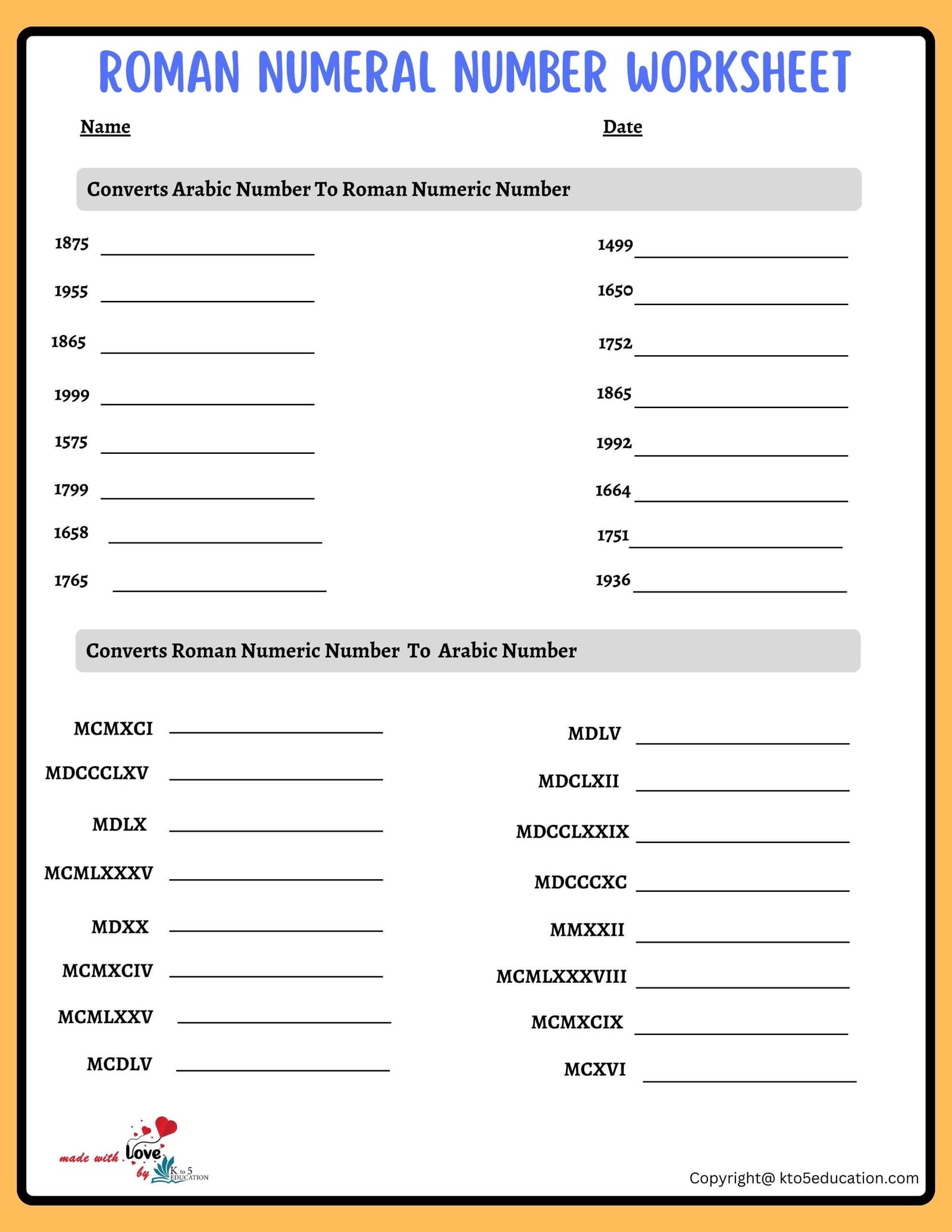Roman Numeral Year Worksheets For Grade 3