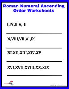Roman Numerals Ascending Ordering Worksheets 1 to 20