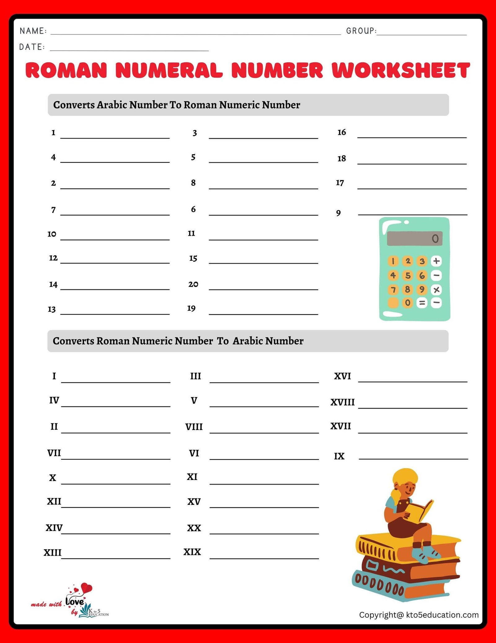 Roman Numerals Numbers Worksheets 1 to 20